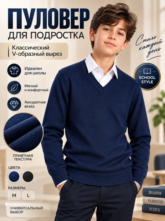 O‘smirlar uchun trikotaj pulover, V-yakali, klassik uslub, maktab uchun - 