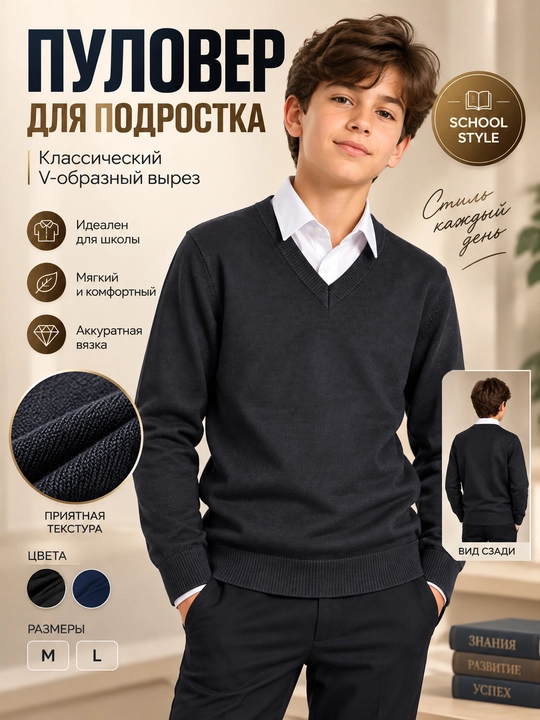O‘smirlar uchun trikotaj pulover, V-yakali, klassik uslub, maktab uchun - 