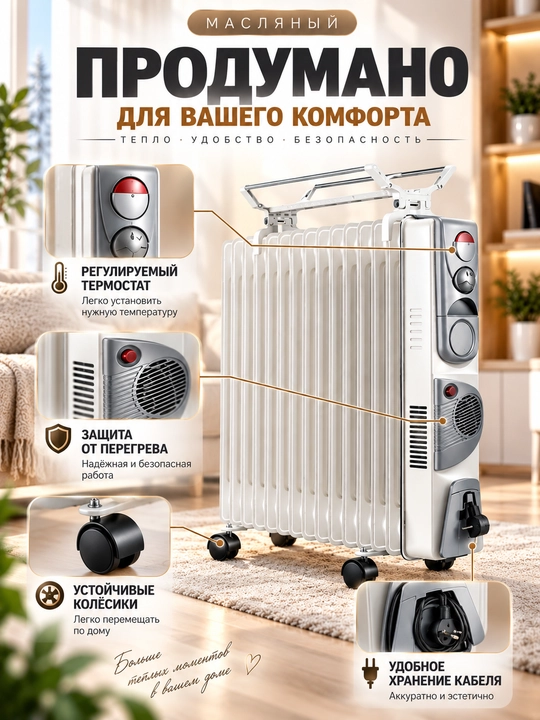 Moyli radiator, elektr isitgich, 15 seksiyali, 2900 Vt quvvatli, uy uchun, isitgich