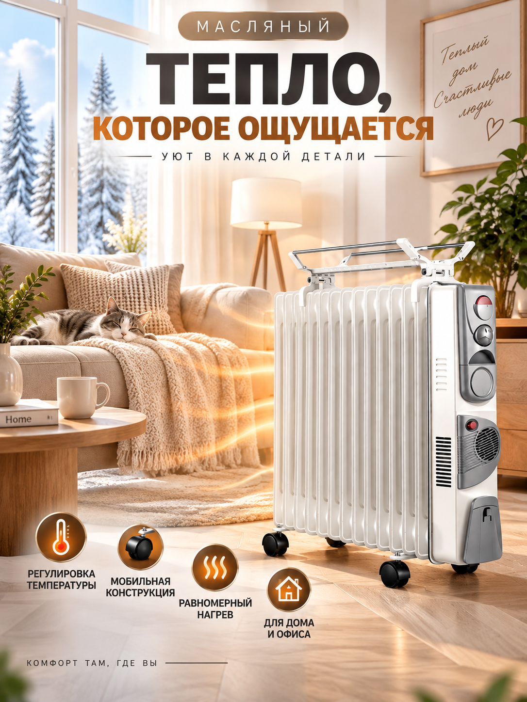 Moyli radiator, elektr isitgich, 15 seksiyali, 2900 Vt quvvatli, uy uchun, isitgich