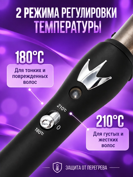 Конусная плойка для завивки волос, 2 режима температуры, быстрый нагрев, защита от жара, 180°