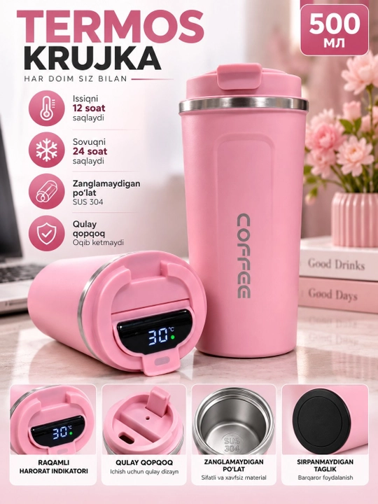 Qahva va choy uchun termos, termos krujka, sovg‘a uchun, zanglamaydigan po‘latdan yasalgan 316, jo‘mrakli, 500 ml - 