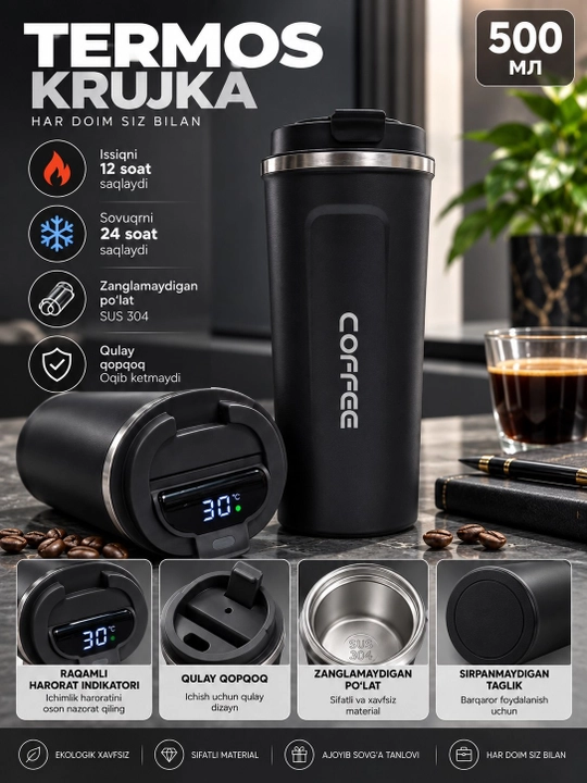 Qahva va choy uchun termos, termos krujka, sovg‘a uchun, zanglamaydigan po‘latdan yasalgan 316, jo‘mrakli, 500 ml - 