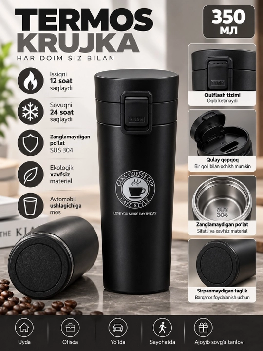 Qahva va choy uchun termos, termos krujka, sovg‘a uchun, zanglamaydigan po‘latdan yasalgan 316, jo‘mrakli, 500 ml - 