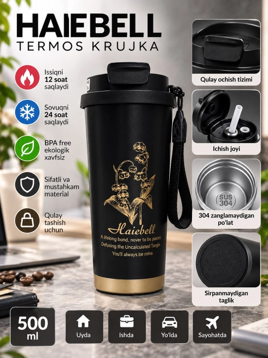 Qahva va choy uchun termos, termos krujka, sovg‘a uchun, zanglamaydigan po‘latdan yasalgan 316, jo‘mrakli, 500 ml - 