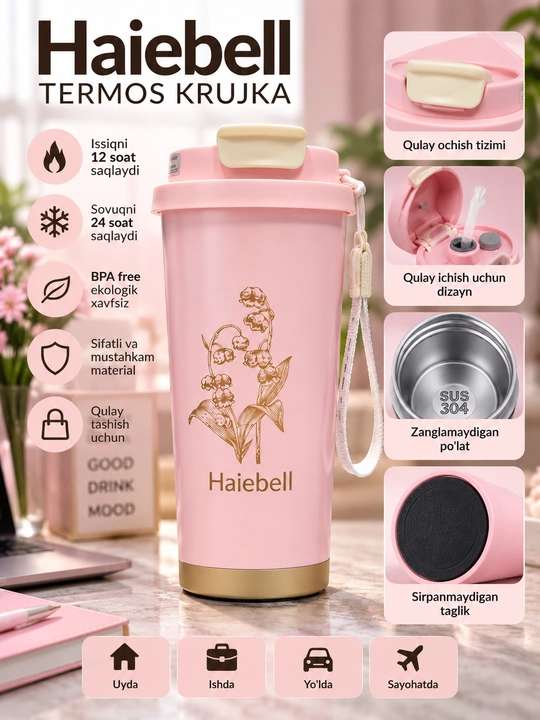 Qahva va choy uchun termos, termos krujka, sovg‘a uchun, zanglamaydigan po‘latdan yasalgan 316, jo‘mrakli, 500 ml - 