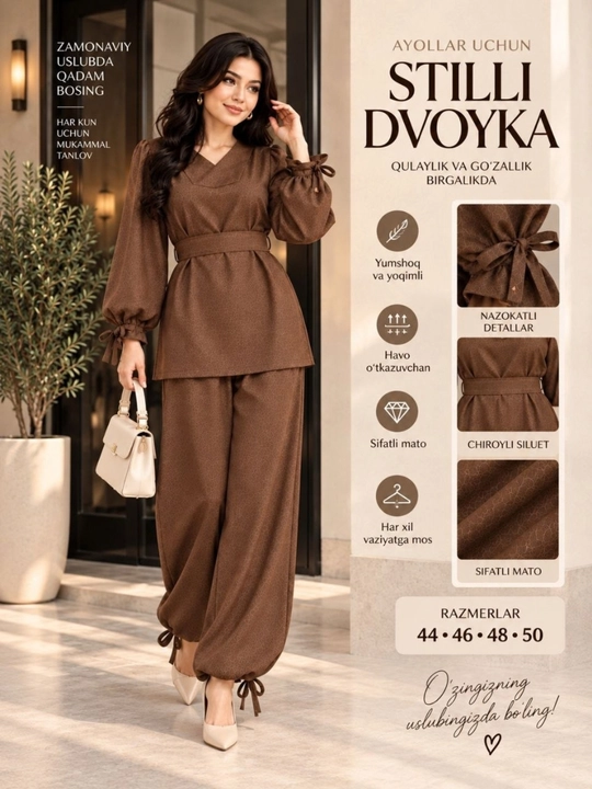 Ayollar uchun dvoyka, kofta va keng shimli 2 qismli komplekt, standart 44-50 gacha tushadi