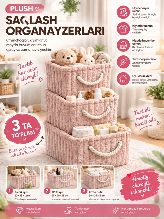 3 ta kosmetika organayzeri to‘plami — makiyaj, krem va mayda buyumlar uchun qutilar - 