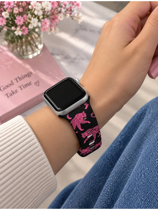 «Розовый леопард» ремешок для Apple Watch, чёрный силикон, 38/40/41/42 и 42/44/45/46/49 мм - 