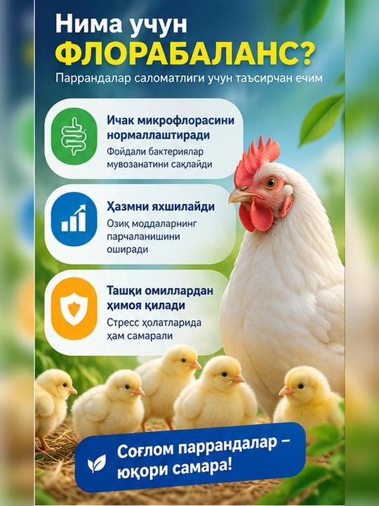 FLORABALANS — tovuq va jo‘jalar uchun ichak mikroflorasi va hazm uchun kukun, 500 g