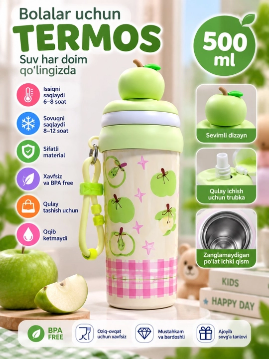 Termos,bolalar va kattalar uchun termos, trubochkali termoslar, 500 ml - 