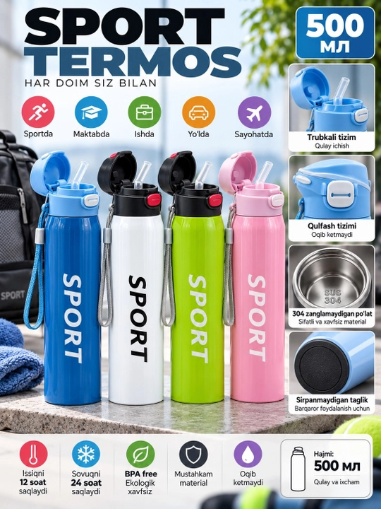 Termos,bolalar va kattalar uchun termos, trubochkali termoslar, 500 ml
