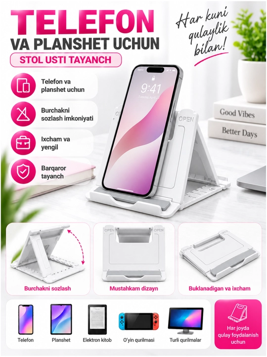 Telefon va planshet uchun buklanadigan taglik, burchakni sozlash mumkin, stol usti uchun