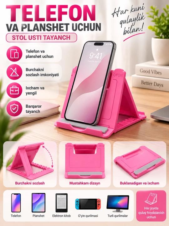 Telefon va planshet uchun buklanadigan taglik, burchakni sozlash mumkin, stol usti uchun