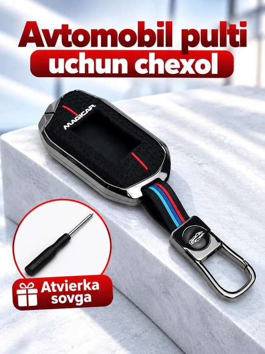 Magicar va avto pultlar uchun metall g‘ilof - qora va xrom rangda, sifatli brelok bilan
