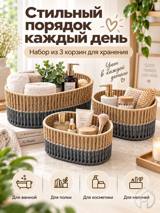 Набор корзин-органайзеров для хранения вещей и мелочей, 3 шт, 3 размера db-140-122