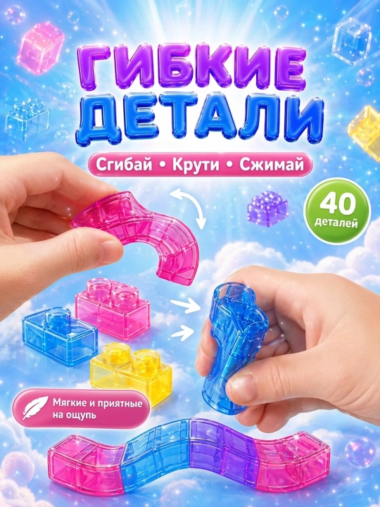 Мягкий конструктор Gummy Blocks, 80, 60, 40, 20 деталей, гибкий развивающий конструктор для детей