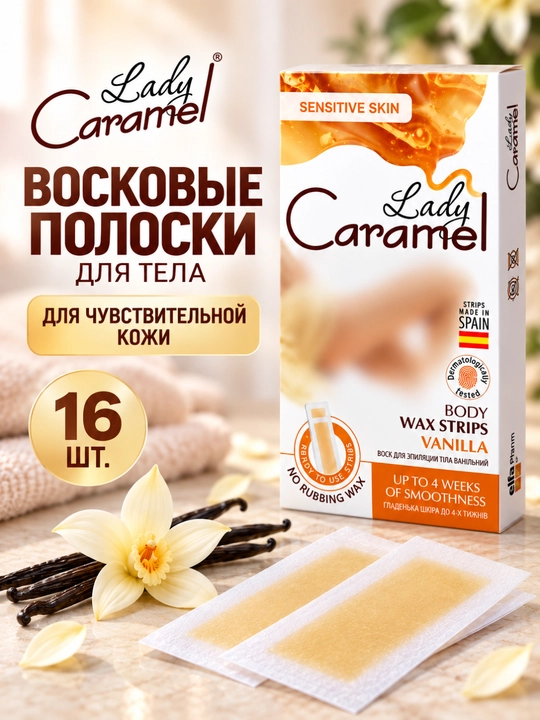 Воск для эпиляции тела Lady Caramel, 16 полосок, 2 салфетки - 