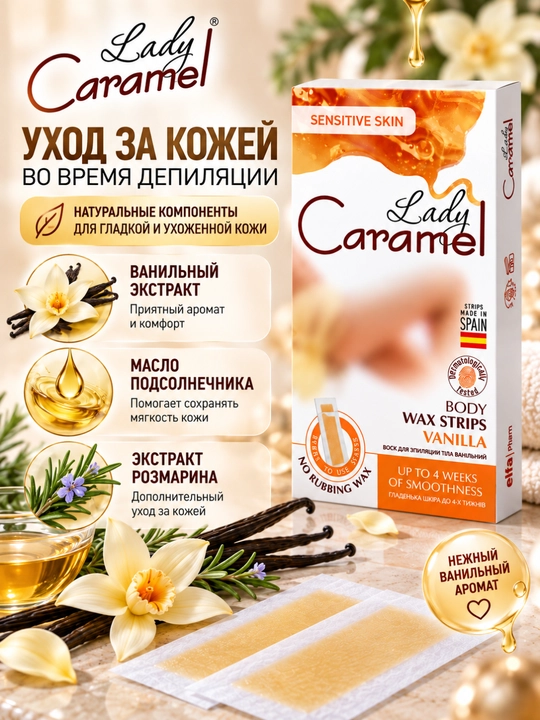 Воск для эпиляции тела Lady Caramel, 16 полосок, 2 салфетки