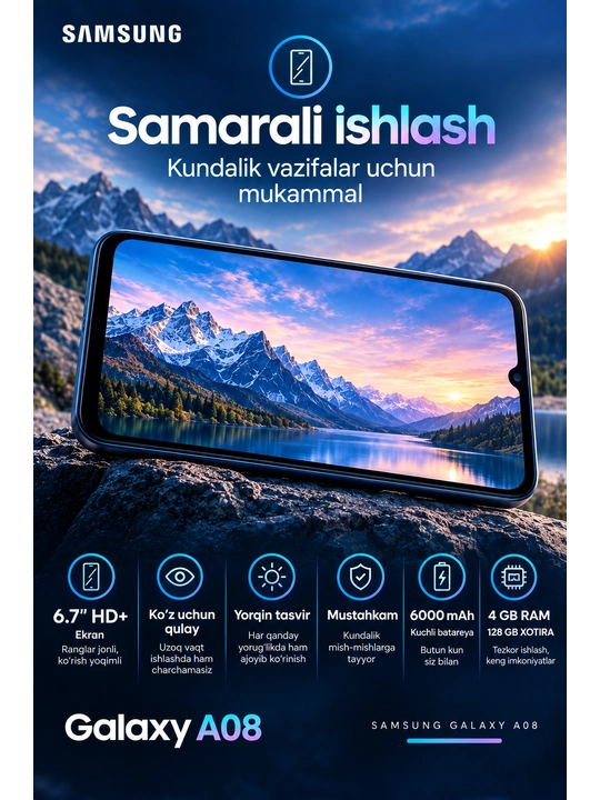 Samsung Galaxy A08 4/128 ГБ, 6.7″ 90 Гц, камера 50 Мп, 6000 мАч, Dual SIM