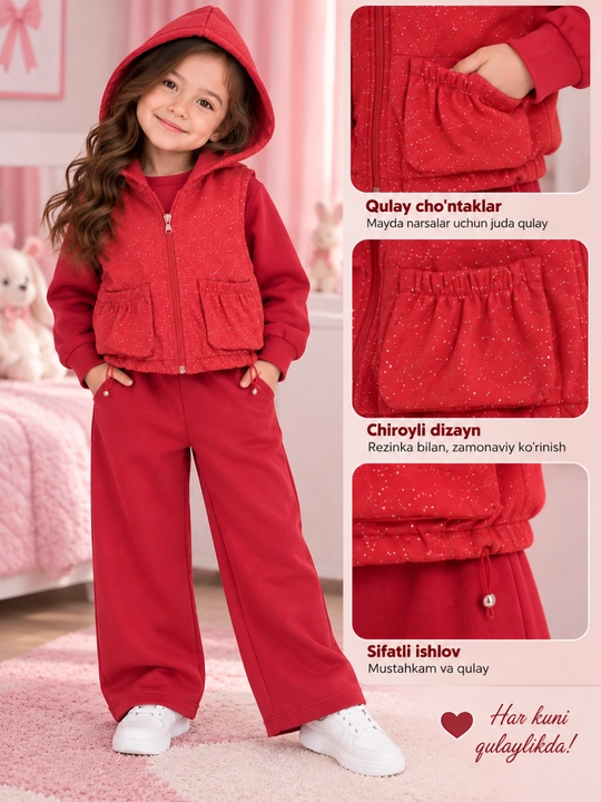 Qizlar troykasi, 3 talik pijak shim kostyum, qora polyester komplekt