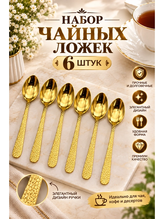 Набор чайных ложек из нержавеющей стали,в комплекте 6 одинаковых ложек - 
