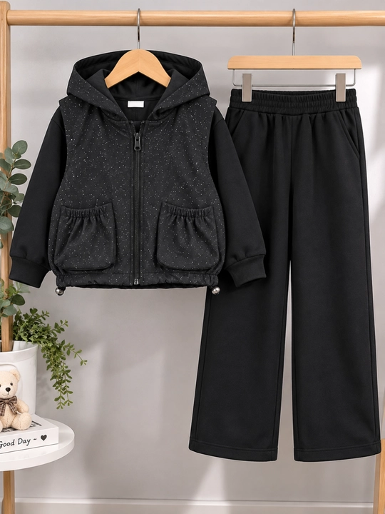 Qizlar troykasi, 3 talik pijak shim kostyum, qora polyester komplekt