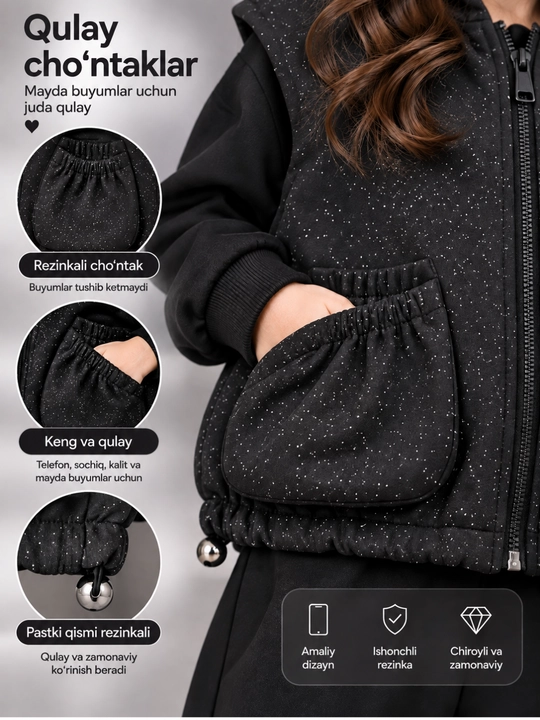 Qizlar troykasi, 3 talik pijak shim kostyum, qora polyester komplekt