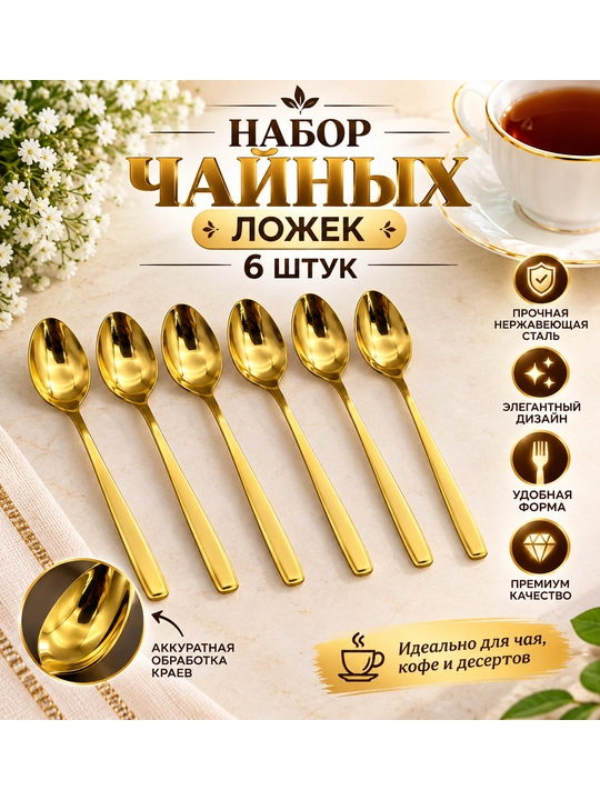 Набор чайных ложек из нержавеющей стали,в комплекте 6 одинаковых ложек - 