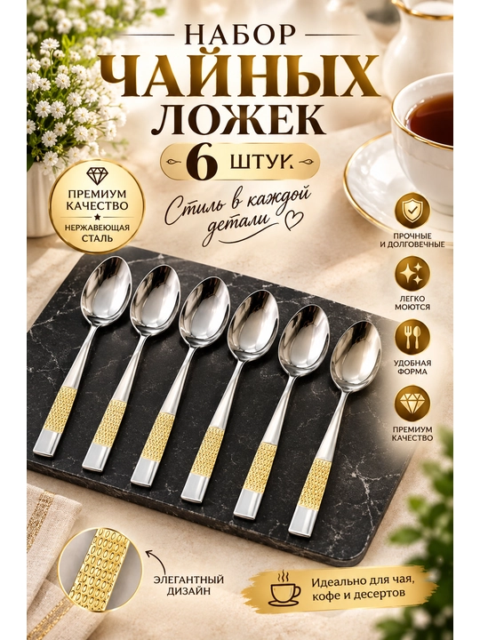 Набор чайных ложек из нержавеющей стали,в комплекте 6 одинаковых ложек - 