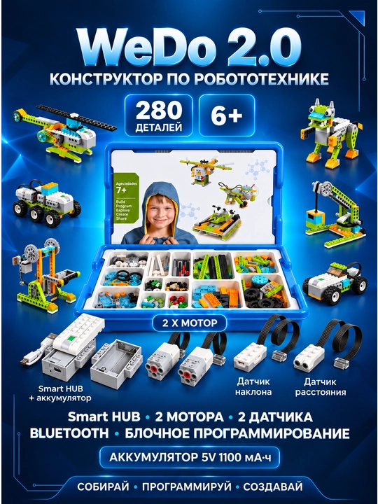 LeGo WeDo 2.0 Akkumulyatorli Smart HUB, 2 ta motorli robototexnika konstruktori, 280+detal - 