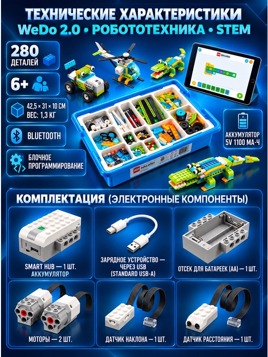 LeGo WeDo 2.0 Smart HUB с аккумулятором, 2 мотора, конструктор для робототехники,