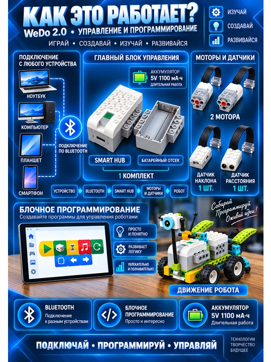 LeGo WeDo 2.0 Smart HUB с аккумулятором, 2 мотора, конструктор для робототехники,