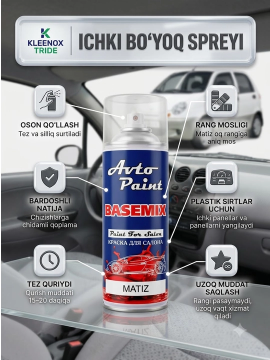 Matiz uchun salon va tarpeda bo'yog'i Basemix, plastik restavratsiya spreyi, 400 ml