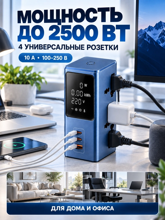 Сетевой фильтр-удлинитель с дисплеем, 4 розетки, USB-C и USB-A, быстрая зарядка 45 Вт
