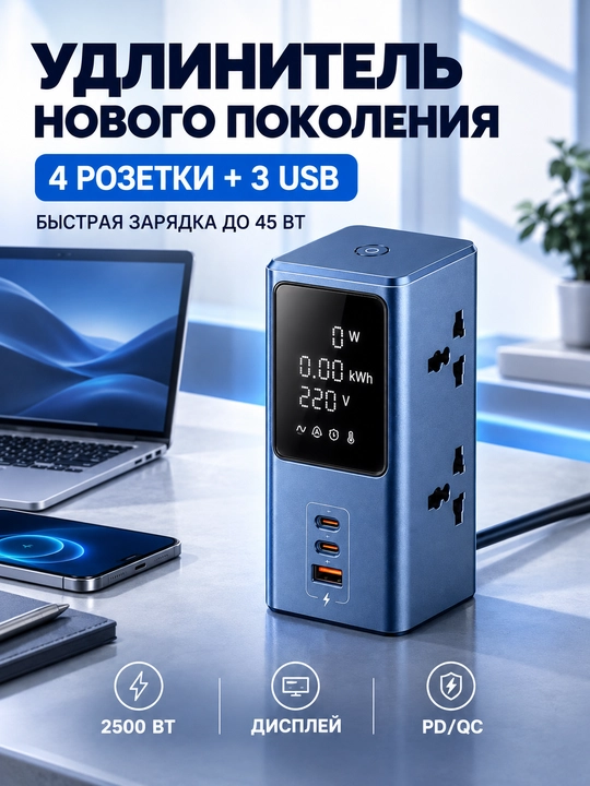 Сетевой фильтр-удлинитель с дисплеем, 4 розетки, USB-C и USB-A, быстрая зарядка 45 Вт