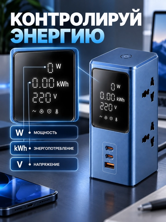 Сетевой фильтр-удлинитель с дисплеем, 4 розетки, USB-C и USB-A, быстрая зарядка 45 Вт