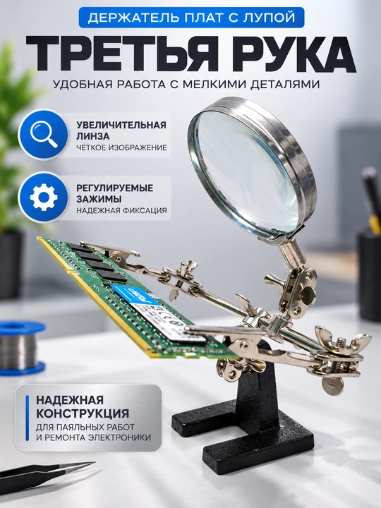 Payka va elektronika ta’miri uchun x2.5 lupa o‘rnatilgan universal uchinchi qo‘l moslamasi - 
