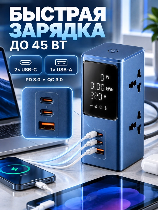 Сетевой фильтр-удлинитель с дисплеем, 4 розетки, USB-C и USB-A, быстрая зарядка 45 Вт