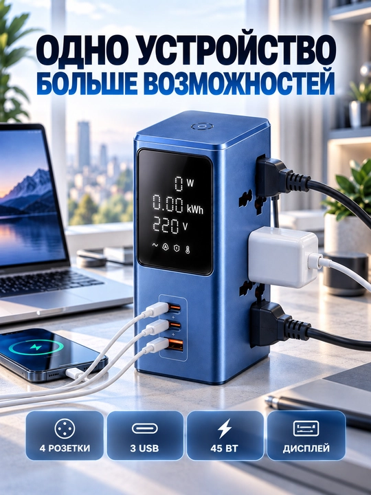 Сетевой фильтр-удлинитель с дисплеем, 4 розетки, USB-C и USB-A, быстрая зарядка 45 Вт