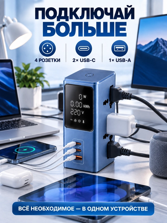 Сетевой фильтр-удлинитель с дисплеем, 4 розетки, USB-C и USB-A, быстрая зарядка 45 Вт