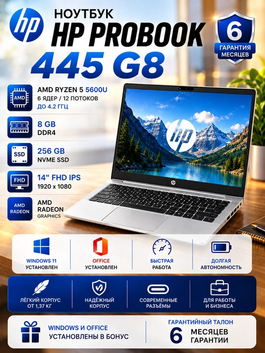 Noutbuk HP ProBook 445 G8 14″ FHD IPS, AMD Ryzen 5 5600U, 8GB DDR4, 256GB SSD, Windows 11