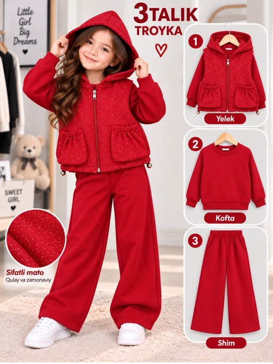 Qizlar troykasi, 3 talik pijak shim kostyum, qora polyester komplekt - 