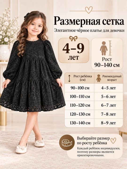 Нарядное чёрное платье для девочки с кружевом и бусинами