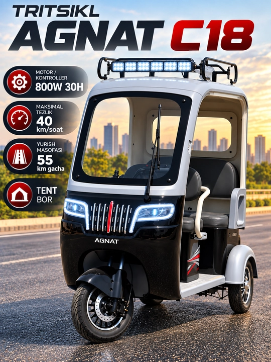 Skuter Elektr Tritsikl AGNAT C18S, 60V 32Ah 800W, 40 km/soat, 55 km yurish masofasi - 