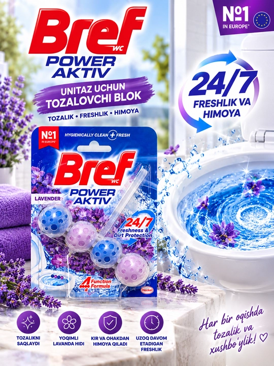 Bref Power Aktiv Classic —Dezinfeksiya va xushbo'ylashtirish uchun unitaz chetiga