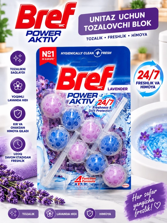 Bref Power Aktiv Classic —Dezinfeksiya va xushbo'ylashtirish uchun unitaz chetiga