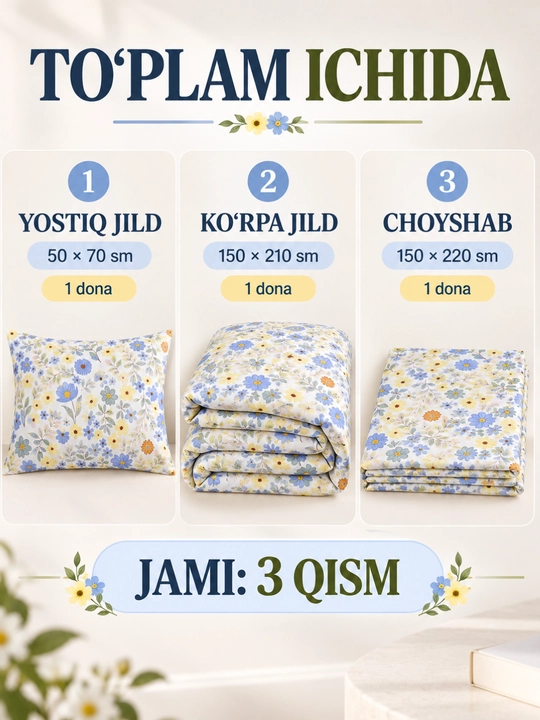 1 kishilik yotoq komplekti, 100% paxta, 3 talik, choyshab, ko‘rpa va yostiq jildi