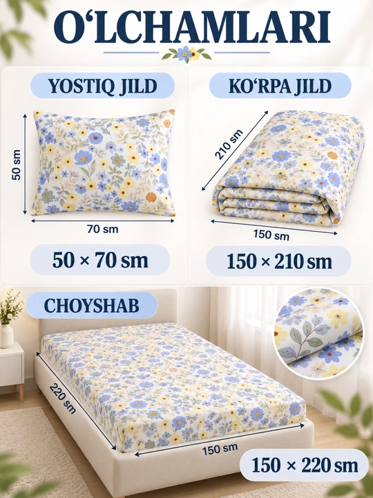 1 kishilik yotoq komplekti, 100% paxta, 3 talik, choyshab, ko‘rpa va yostiq jildi