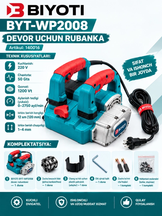 Devor va pol uchun randa, devor va pol uchun silliqlash mashinasi, randalash chuqurligi 1-4 mm